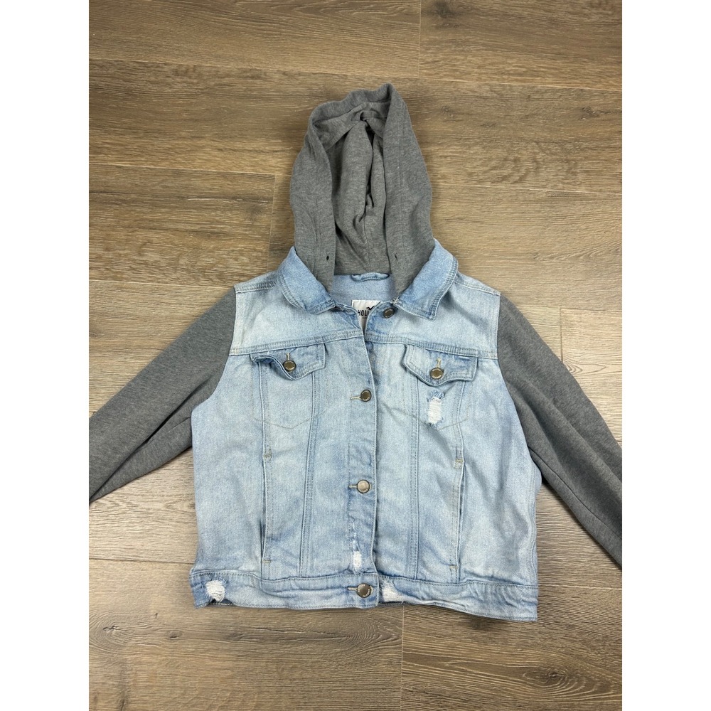 Hollister Women Large Denim Jacket Grey Knit Sleeves Hooded Light Distressed